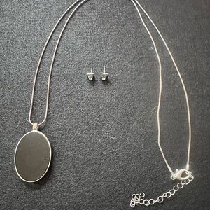 Silver Minimalist Necklace with Reversible Oval Pendant and Stud Bundle